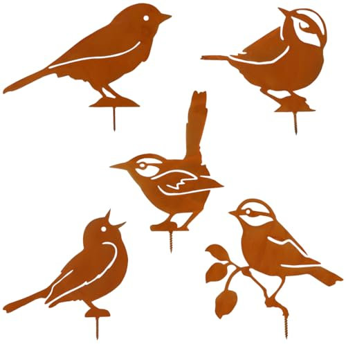 TaleMoon Gartenstecker Vögel Deko Rost,5er Rost Vogel Gartendeko für Draußen,Vögel Deko Metall für Garten Terrasse Balkon,Rostdeko Gartendeko,Metall Roststecker