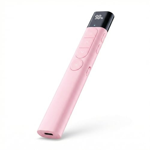 SunnyOcean Wireless Presenter Remote – USB-C Rechargeable Light Pointer with Timer, LED Display, Volume & Hyperlink Control, 2.4GHz PowerPoint Clicker for Prezi, Mac, Windows, Teachers – Pink