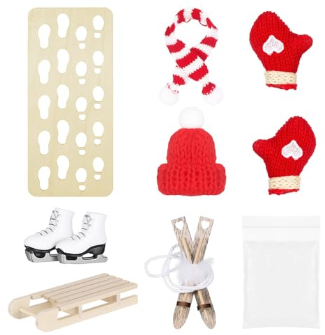 Huiguli Accesorios para Duende de Navidad 8 Piezas en Miniatura: Gorro, Bufanda, Guantes, Botas de Esquí, Trineo, Esquís, Plantilla de Huellas y Copos de Nieve - Decoración