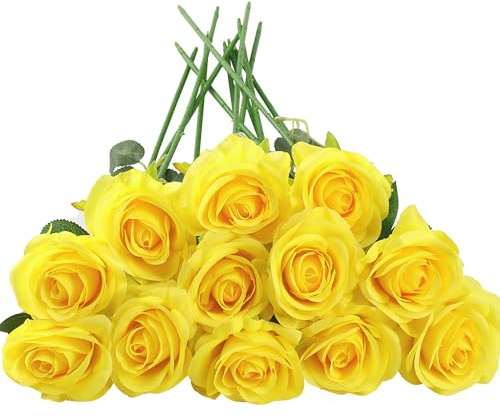 HNVNER 12 Pcs Rosas Artificiales de Seda de Tallo único, Flores Artificiales Realistas para Decoración de Bodas, Aniversario, Decoración del Hogar, Amarillo