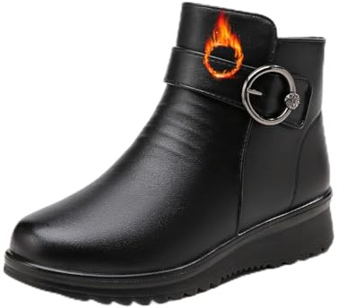 POIOZXD Botas ortopédicas de lana auténtica con hebilla de metal para mujer, botas de tobillo de piel con forro polar cálido con cremallera lateral, botines para mujeres de mediana edad y personas