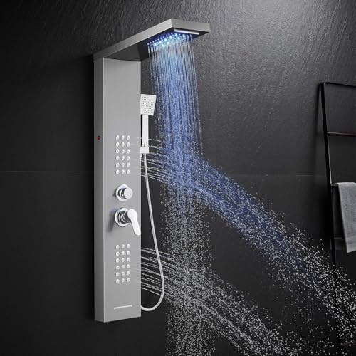 Shower Mixer Bar LED Tower Shower Panel 6‑Function Shower System: Rain & Mist, Waterfall, 2 Body Massage Jets, Handset, Bath Spout – Matt Black Stainless Steel – Bath Mixer Taps with Shower