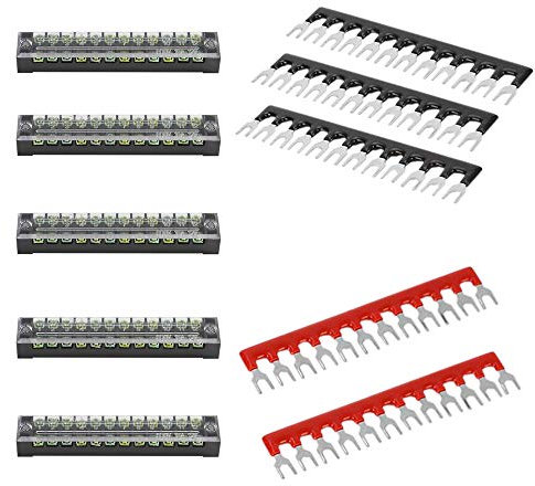 Carkio 5 PCS Double Row 12 Position Screw Terminal Strip 600V 15A+ 400V 15A 12 Postions Pre-Insulated Terminal Barrier Strip Suitable for Industrial, Lighting, Instrumentation, Railway,Red/Black 5PCS