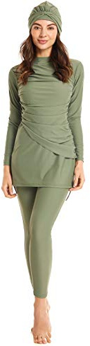 seafanny Women Modest Swimsuit Long Sleeve Burkini Full Cover Muslim Swimwear Green