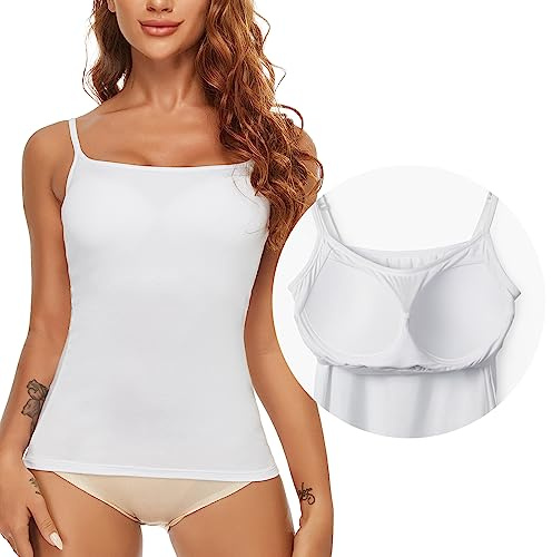 SLIMBELLE Sujetador para mujer, camiseta interior, tirantes finos, sin aros, básica, sin costuras, ajustable, con copas integradas, bustier, camisola, top con inserto bralette, Blanco, M