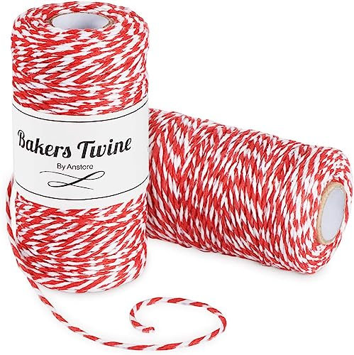Rojo Blanco Cuerdas de Navideño de 2 mm x 100 m,Hilo de algodón Natural,Navidad Cuerdas De Cordel para Carnes, Jardinería, Manualidades o Navidad Envolver Regalos