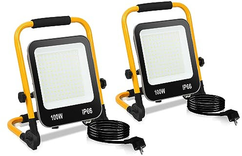 Gimisgu LED Baustrahler, 2x100W 10000LM Tragbar Arbeitsleuchte Strahler mit 3M Kabel und Faltbarer Ständer, 6000K Kaltweiß Arbeitsscheinwerfer IP66 Wasserdicht für Garage (mit Stecker)