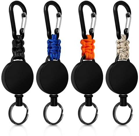 Llavero Retráctil 4 Piezas, Retractil Cable Acero 60 cm, Llavero de Mosquetón con Clip Paracord, Mosquetón de Carrete (Negro+Beige+Azul+Naranja)