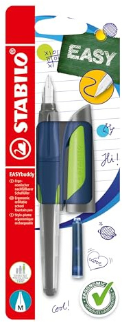 STABILO - Pluma estilográfica escolar con plumín estándar M - EASYbuddy Twilight Sky en azul acero/lima - azul (borrable) - Incluye cartucho