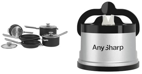 Ninja ZEROSTICK Stackable Cookware 5-Piece Pan Set, 3 Saucepans with Oven-Safe Glass Lids & AnySharp Knife Sharpener, Hands-Free Safety, PowerGrip Suction, Safely Sharpens All Kitchen Knives