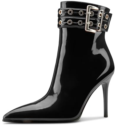 Aachcol Womens Pointed Toe Stiletto Heel Buckle Ankle Boots Patent Leather High Heel Mid Calf Zipper 10 CM Heels Booties