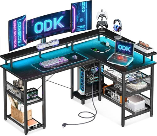 ODK Bureau Gaming avec LED, Bureau Gaming Réversible avec 2 Prises et 2 Ports USB, Grand Bureau d'angle avec Étagère en Maille, Noir 150×102 cm