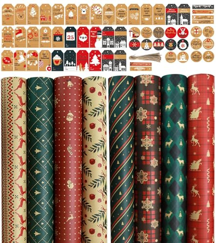 Papel de Regalo Navidad 8 Hojas, Papel Regalo Navidad con 60 Etiqueta, Papel Envolver Regalo Navideño, Wrapping Paper, Papel de Regalo Cumpleaños