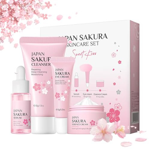 Sakura Skincare Set, Hautpflege für Teenager-Mädchen und Frauen, Sanfte and Glow Skin Beauty Geschenkset, 4-tlg Gesichtspflege Set - Reinigung Gesichtscreme Serum Augenserum für Täglichen Skincare