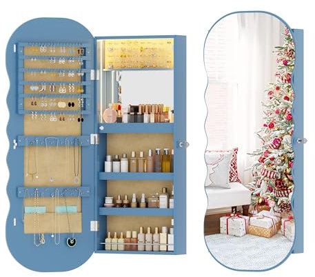 Lvifur Schmuckschrank hängend mit LED-Beleuchtung,LED abschließbarer Schmuckschrank mit Spiegel,Wandmontage Schmuckspiegel für Ohrring, Halskette,Weihnachten