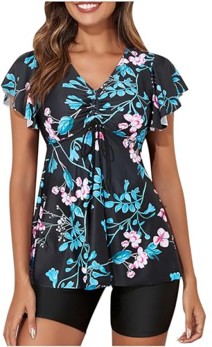 Tankini Sets for Women UK Ruffle Sleeves Swimsuit Two Piece Tankini Swimming Costumes with Shorts Padded Tankini Top with Shorts Swimwear Plus Size Bathing Suit Swim Dress with Shorts Beach Wear