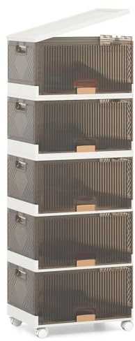 COSTWAY Scatole Immagazzinaggio Impilabili e Pieghevole con Ruote, Contenitore a 5 Ripiani con Coperchi, Organizzatori Trasparente, per Camera da Letto e Soggiorno, Bianco (37,5 x 27,5 x 101,5 cm)