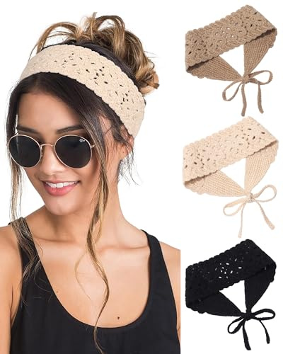 3Pcs Boho Headbands for Women Crochet Knit Hair Bandana Hippie Hair Band