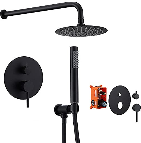 Black Shower System Set - Complete Concealed Rain Shower with 250mm Round Overhead and Handheld Showerhead High Pressure Wall-Mounted Design