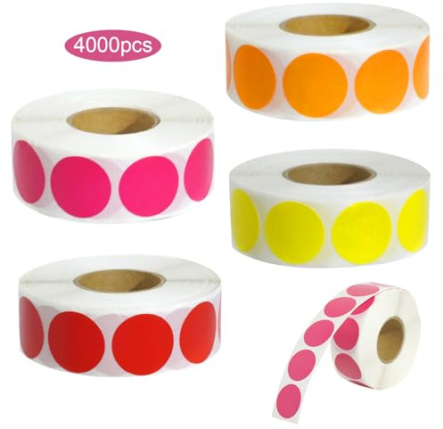KNJOMZIE 4000 Stück Klebepunkte Bunt, 4 Rollen (Rot, Orange, Gelb, Pink) 20 mm Runde Aufkleber, Markierungspunkte für Büro, Schule, Kalender & Organisation