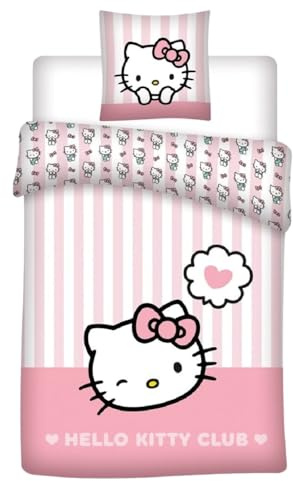 KK SHOPPING Versandhandel Klaus Kolodzie Hello Kitty Club - Set di biancheria da letto double-face, 80 x 80 cm, con motivo reversibile, copripiumino 135 x 200 cm, con chiusura lampo, 100% cotone
