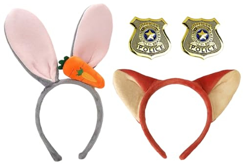 ZXTGBQ 4 Piezas Conjunto de Cosplay de Conejo & Zorro, Diadema con Orejas de Conejo, Diadema con Orejas de Zorro, Placa de Policia, Disfraz de Halloween, Carnaval, Fiestas Infantiles, Cosplay