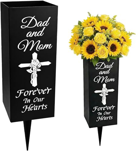 Jarrones de tumba con pincho, jarrones de cementerio para tumba con texto en inglés Dad and Mom Forever in Our Hearts, soporte de flores de metal para tumba en recuerdo amoroso, jarrón para tumba