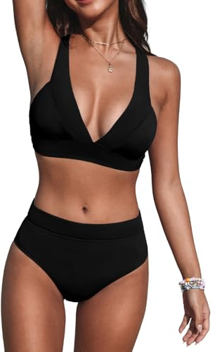 Cupshe Set Bikini da Donna 2 Pezzi Costume da Bagno a Vita Alta con Scollo a V Profondo Spalline Larghe Regolabili e Gancio Posteriore, Nero , S