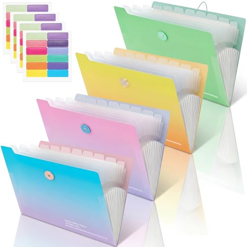 4 stycken A4-fack med 12 fack, dokumentmapp A4 i en robust organisationsmapp för kontor och skola, vattentät och rivtålig, samlarmapp som documentarrangör (rosa, blå, gul, grön)