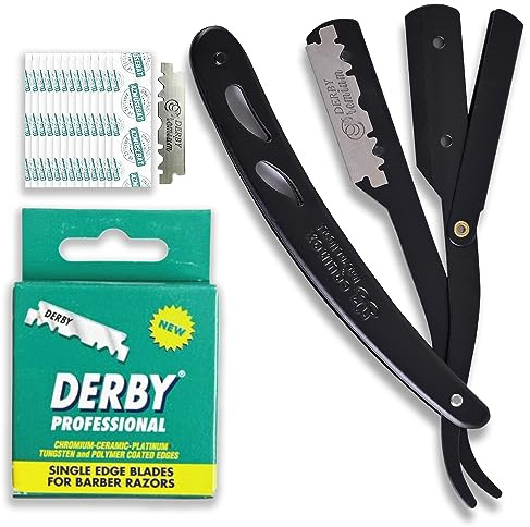 Equinox Professional Straight Edge Razor with 100 Single Derby Blades 100% Stainless Steel Razor and Blades - Close Shaving Men's Manual Shaver - Disposable Blades -Barber Straight Razor Kit - Black