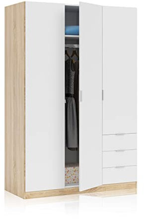 Habitdesign Armario Ropero 3 Puertas y 3 Cajones,121x180x52 (AltoxAnchoxFondo - en Cm), Color Roble Canadian y Blanco Artik