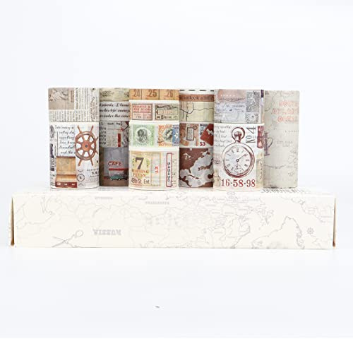 LGEGE Juego de 18 rollos de Washi Tape cintas vintage(2 m), 75/50/30/25/20/15/10/5 mm de ancho, letras antiguas de mapa de globo de fuego, sello antiguo, cinta de enmascarar retro para álbumes