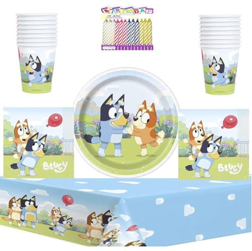 Bluey Party Supplies Pack Serves 16 Guest: With Table Cover, 7 Dessert Plates, Luncheon Napkins, Cups with Birthday Candles