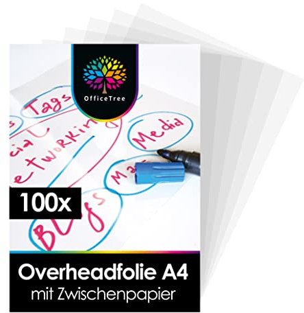 OfficeTree 100 x Overheadfolie A4 - OHP Folien glasklar - Folie für Laserdrucker - Overheadfolien auch als Kopierfolie, Projektorfolie oder Drucker Folie geeignet