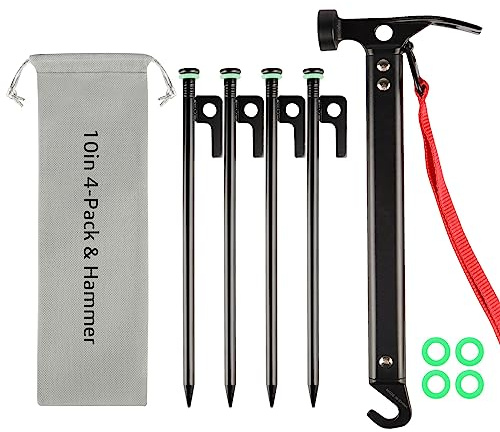 Tent Stakes Heavy Duty & Hammer Set,with 12in Tent Stake Remover +10 in Steel Tent Pegs+Storage Bag +Fluorescent Rubber Circle for Camping Used on Rocks, Grassland,Canopies (10- 4pack & 12 Hammer)