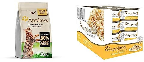 Applaws Vollständig natürlich getreidefrei Huhn-GeschmackKatzentrockenfutter für ausgewachsene Katzen - 2kg wiederverschließbarer Beutel & Premium Natural Katzenfutter Nass, Huhn in Brühe 70g Dose