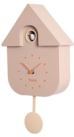 FISURA - Beigefarbene Kuckucksuhr mit orangefarbenem Zifferblatt. Wanduhr. Originelle Wanduhr zum Verschenken. 3 AA-Batterien Nicht enthalten. 21,5x8x41,5. ABS-Kunststoff, Beige