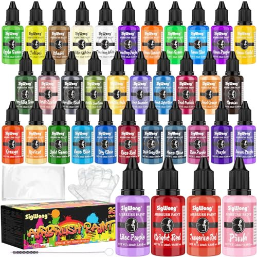 Airbrush Farben Set - 36 Farben Airbrush Paint Acryl Farben, Spritzfertiges Airbrush-Set auf Wasserbasis für Modellbau, Leinwand, Papier, Holz, Stein, Keramik, 20 ml-Neonfarben, Metallicfarben