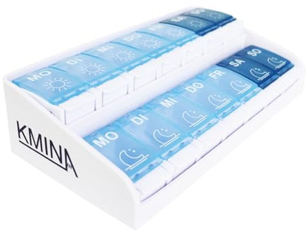 KMINA - Tablettenbox 7 Tage 2 Fächer Groß, Pillenbox Morgens Mittags Abends, Medikamentendosierer Woche - Made in Europe