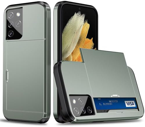 Beajew Coque Portefeuille pour Samsung Galaxy S21 Ultra avec Porte-Cartes, Étui de Protection Téléphone Double Couche Antichoc, Fente Cachée Coulissante, Antichoc TPU+PC - Vert Militaire