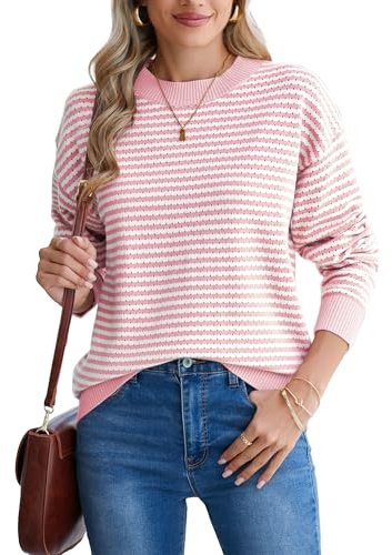 Famulily Maglione da donna a righe traforato a blocchi di colore girocollo a maniche lunghe allentato maglione pullover top, rosa, XXL