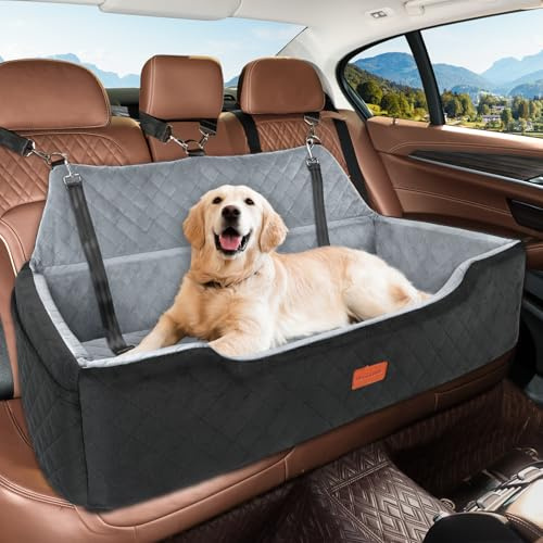 HEGGCOOE Hunde Autositz für Große Hunde unter 100 lbs, Waschbares Hundesitz Auto für 2 Mittlere, Abnehmbar Autositz Hund mit 2 Sicherheitsleinen, Hundebett Auto rückbank-Schwarz/grau