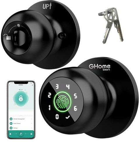 GHome Smart Fingerprint Door Lock, 4 in 1 Smart Fingerprint Door Knob with Keypad, App Control, Auto Lock, Biometric Door Knob with Lock for Bedroom, Apartment, Garage, Home & Office