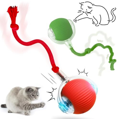 YeahBoom Interaktives Katzenspielzeug, elektrischer Ball mit Seil, 360° rollbar, für Katzen und Hunde, wiederaufladbar, USB, Grün