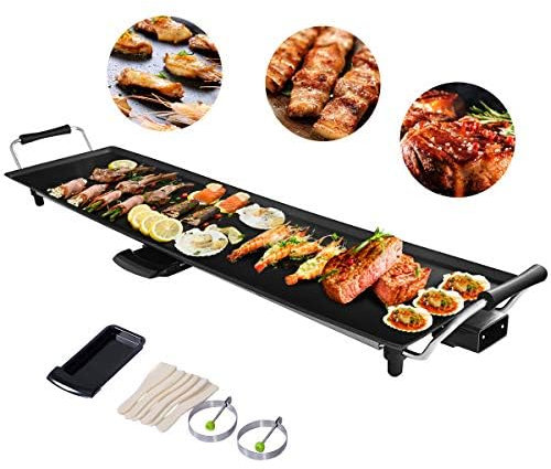 FANTASK Teppanyaki Grill 90x23cm, Elektrische Grillplatte 1800W, Elektrogrill mit Antihaftbeschichtung, 6 Holzspateln und Antihaft-Eierring, Tischgrill Temperatur verstellbar