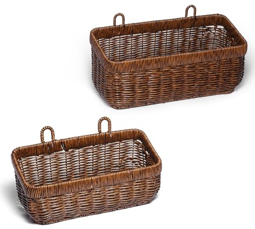 FRONDENT 2 Piezas Cesta Para Colgar En La Pared,Estantes Para Fruta,Cesta Para Cebollas y Patatas Con Ganchos,Canasta De Almacenamiento De Mimbre,Para La Organización Del Hogar(Marrón-M/L)