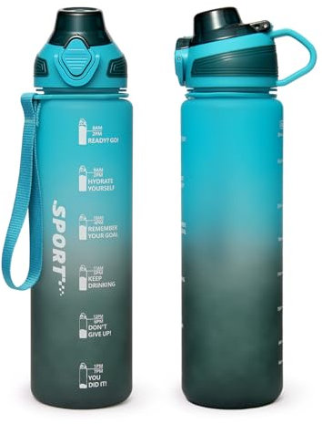 Binudum Trinkflasche, 1L BPA-freie Tritan-Wasserflasche, Trinkflasche Sport, Sportflasche mit Zeitmarkierung für Fitness, geeignet für Fitness, Radfahren, Schule und Rasenbenutzung (Blau Grau, 1L)