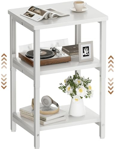 HLONONE Beistelltisch Holz, Nachttisch mit Verstellbarer Ablage, Couchtisch mit Offenem Stauraum, Sofatisch, 30 x 37 x 64.7 cm, Telefontisch fur Wohnzimmer und Schlafzimmer, Weiß