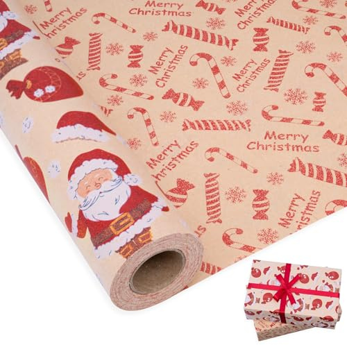 Larcenciel Rotolo Carta Regalo Natale, Carta da Regalo Reversibile con Babbo Natale e bastoncini di zucchero, Carta da Pacchi Bifacciale Vintage Kraft, per Vacanze,Capodanno,Feste,Compleanno, 43CMx10M