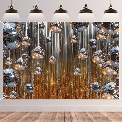 Retro Disco Backdrop Sparkling Silver Mirror Balls & Stage Spotlights, 70s 80s Themed Birthday Decor, Night Club Background, Photo Studio Props, Adult Party Banner 72x43 Inch
